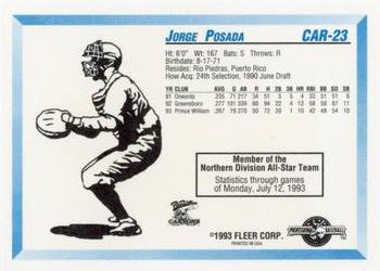 1993 Fleer ProCards Carolina League All-Stars #CAR-23 Jorge Posada Back