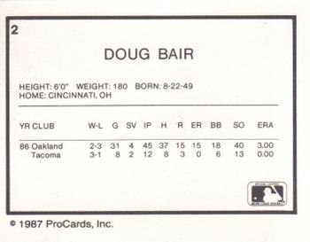 1987 ProCards #2 Doug Bair Back