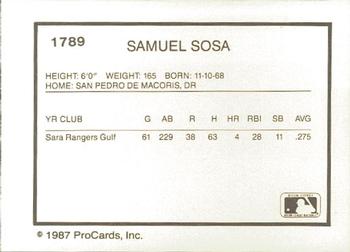 1987 ProCards #1789 Samuel Sosa Back