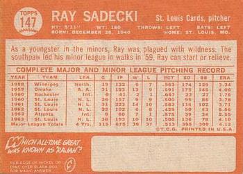 1964 Topps #147 Ray Sadecki Back