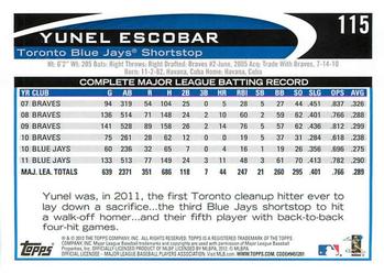 2012 Topps Opening Day #115 Yunel Escobar Back