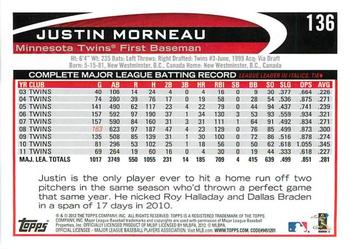 2012 Topps Opening Day #136 Justin Morneau Back