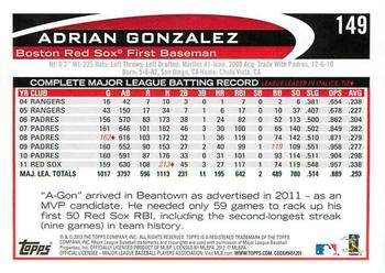 2012 Topps Opening Day #149 Adrian Gonzalez Back
