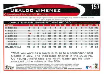 2012 Topps Opening Day #157 Ubaldo Jimenez Back