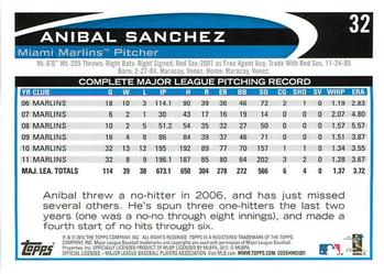 2012 Topps Opening Day #32 Anibal Sanchez Back