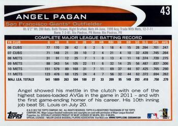 2012 Topps Opening Day #43 Angel Pagan Back