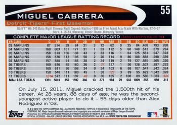 2012 Topps Opening Day #55 Miguel Cabrera Back