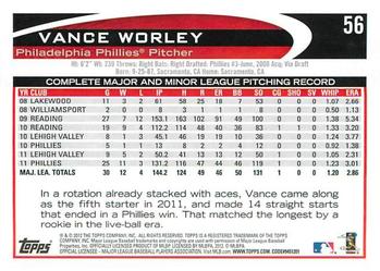 2012 Topps Opening Day #56 Vance Worley Back