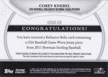 2011 Bowman Sterling - USA Baseball Relics #USAR-CK Corey Knebel Back