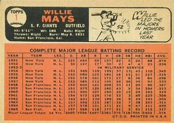 1966 Topps #1 Willie Mays Back