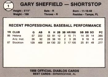 1988 Best El Paso Diablos #1 Gary Sheffield Back