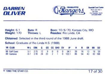 1990 Star Charlotte Rangers #17 Darren Oliver Back