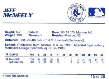 1990 Star Winter Haven Red Sox #15 Jeff McNeely Back