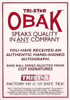 2011 TriStar Obak - Cut Signatures Blue #NNO Bob Feller Back