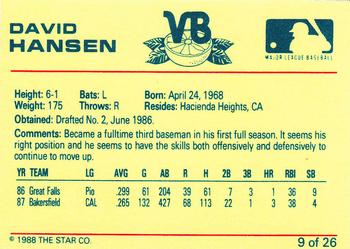 1988 Star Vero Beach Dodgers #9 David Hansen Back