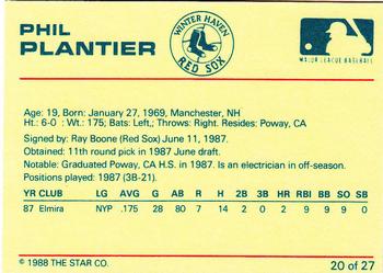 1988 Star Winter Haven Red Sox #20 Phil Plantier Back