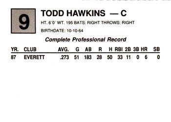1988 Cal League #9 Todd Hawkins Back