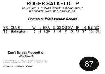 1990 Cal League #87 Roger Salkeld Back
