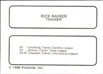 1986 ProCards Tidewater Tides (Mets Logo) #NNO Rick Rainer Back