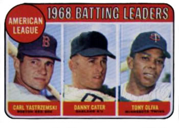 1969 Topps #1 American League 1968 Batting Leaders (Carl Yastrzemski / Danny Cater / Tony Oliva) Front