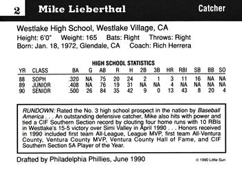 1990 Little Sun High School Prospects #2 Mike Lieberthal Back