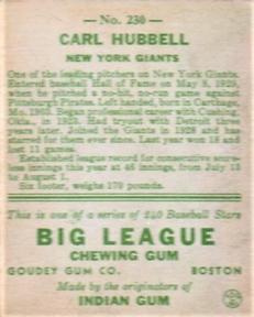 1933 Goudey (R319) #230 Carl Hubbell Back