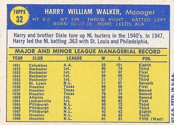 1970 Topps #32 Harry Walker Back