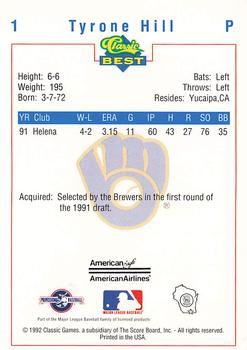 1992 Classic Best Beloit Brewers #1 Tyrone Hill Back