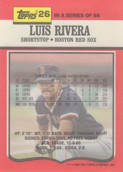 1990 Topps TV Boston Red Sox #26 Luis Rivera Back