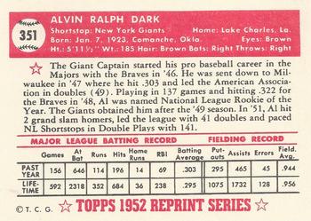 1983 Topps 1952 Reprint Series #351 Al Dark Back