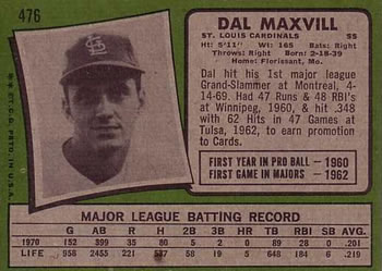 1971 Topps #476 Dal Maxvill Back