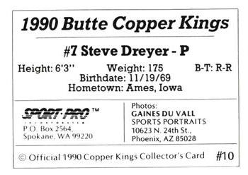 1990 Sport Pro Butte Copper Kings #10 Steve Dreyer Back