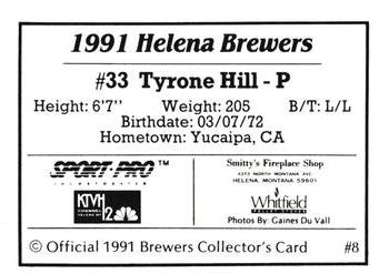 1991 Sport Pro Helena Brewers #8 Tyrone Hill Back