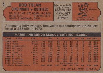 1972 Topps #3 Bob Tolan Back