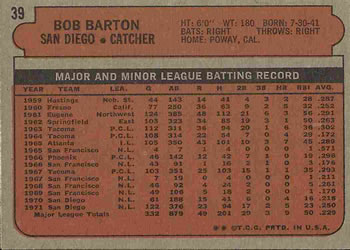 1972 Topps #39 Bob Barton Back