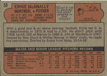 1972 Topps #58 Ernie McAnally Back