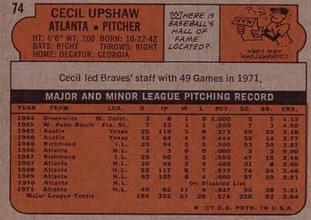 1972 Topps #74 Cecil Upshaw Back