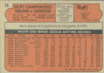 1972 Topps #75 Bert Campaneris Back