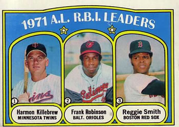 1972 Topps #88 1971 A.L. R.B.I. Leaders (Harmon Killebrew / Frank Robinson / Reggie Smith) Front