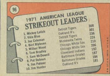 1972 Topps #96 1971 A.L. Strikeout Leaders (Mickey Lolich / Vida Blue / Joe Coleman) Back