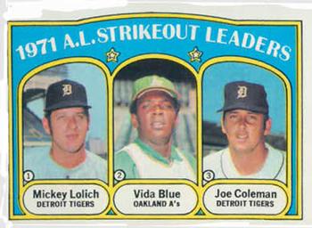 1972 Topps #96 1971 A.L. Strikeout Leaders (Mickey Lolich / Vida Blue / Joe Coleman) Front
