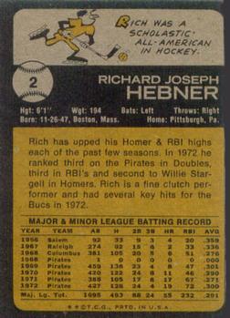 1973 Topps #2 Rich Hebner Back