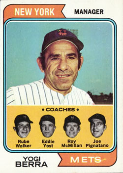 1974 Topps #179 Mets Field Leaders (Yogi Berra / Joe Pignatano / Rube Walker / Eddie Yost / Roy McMillan) Front