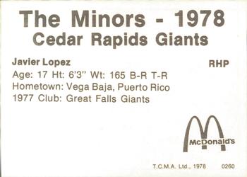 1978 TCMA Cedar Rapids Giants #15 Javier Lopez Back