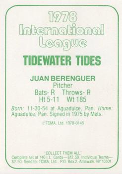 1978 TCMA Tidewater Tides #146 Juan Berenguer Back