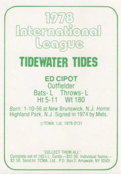1978 TCMA Tidewater Tides #131 Ed Cipot Back