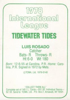 1978 TCMA Tidewater Tides #140 Luis Rosado Back