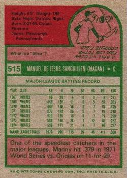 1975 Topps #515 Manny Sanguillen Back