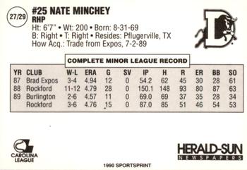 1990 Durham Bulls #27 Nate Minchey Back