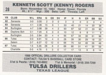 1988 Tulsa Drillers #28 Kenny Rogers Back